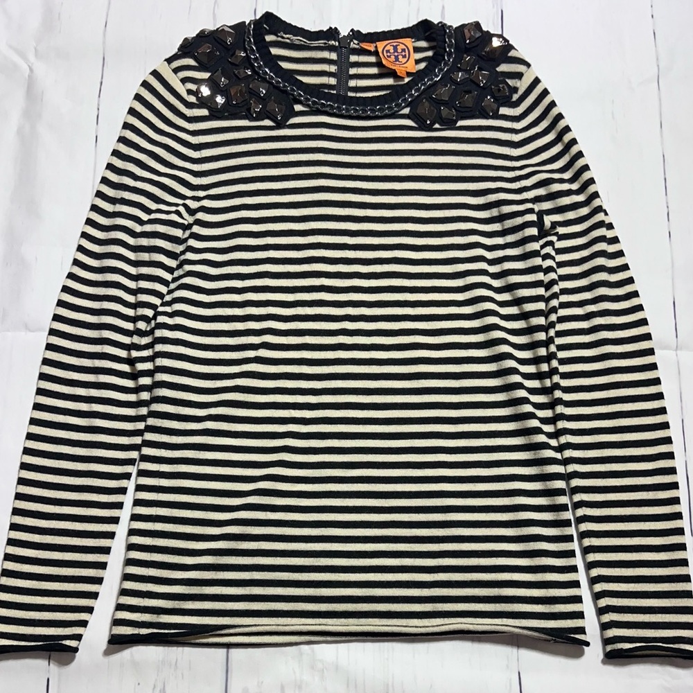 Tory Burch Black and Cream Striped Blouse with Embellishments